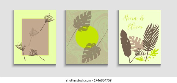 Abstract Vintage Vector Posters Set. Tie-Dye, Tropical Leaves Banners. Hand Drawn Elegant Background. Soft Olive Leaves Invitation Template. Geometric Frame Pattern. Japanese Style Invitation.