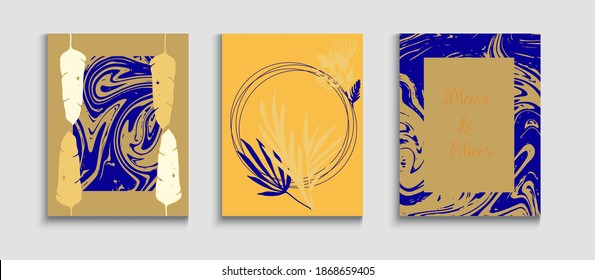 Abstract Vintage Vector Posters Set. Hand Drawn Asian Background. Geometric Frame Pattern. Japanese Style Invitation. Simple Monstera Leaves Magazine Layout. Tie-Dye, Tropical Leaves Cards.