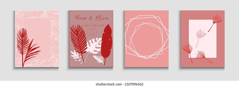 Conjunto de pósters de vectores de vintage abstractos. Fondo De Hipster De Mano. Monstera Simple Deja El Diseño De Revista. Invitación al estilo oriental. Textura de borde geométrico. Tejido, Volantes De Hojas Tropicales.