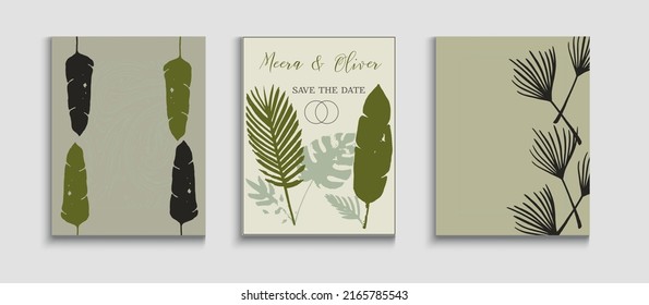 Abstract Vintage Vector Posters Set. Hand Drawn Asian Background. Japanese Style Invitation. Geometric Border Texture. Minimal Olive Leaves Invitation Layout. Tie-Dye, Tropical Leaves Banners.