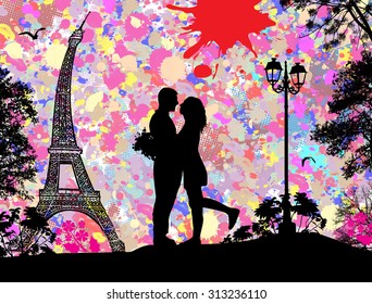 Abstract vintage view of Paris with colored splash, vector illustration