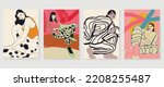 Abstract vintage wall art background vector. Collection of women in different poses, clothing, line art, organic shapes. Trendy style poster set for wall decoration, interior, wallpaper, banner.