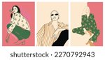 Abstract vintage wall art background vector. Collection of women in different poses, clothing, line art, organic shapes. Trendy style poster set for wall decoration, interior, wallpaper, banner.
