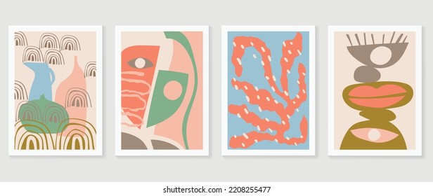 Abstract vintage wall art background vector. Collection of organic shapes, rocks, eyes, lips, leaf, vases with earth tone color. Trendy poster set for wall decoration, interior, wallpaper, banner.