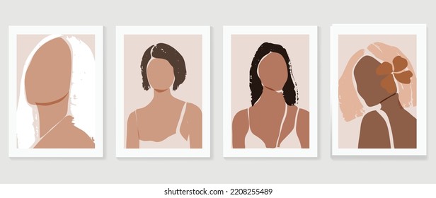 Abstract Vintage Wall Art Background Vector. Collection Of Women Portrait With Different Hair Style, Clothing, Flower. Trendy Style Poster Set For Wall Decoration, Interior, Wallpaper, Banner.