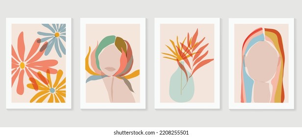 Abstract vintage wall art background vector. Collection of woman portrait, flowers, leaves, floral, botanical, foliage. Trendy style poster set for wall decoration, interior, wallpaper, banner.