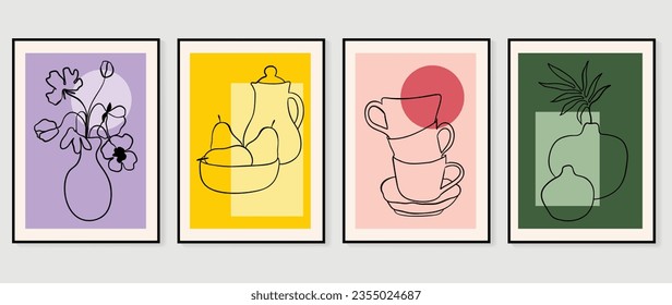 Abstract vintage wall art background vector. Collection of organic shapes, fruit, cup, foliage, vase in line art style. Trendy poster set illustration for wall decoration, interior, wallpaper, banner.