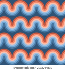 Abstrakte Vintage-Wellen Geometrie nahtlose Muster in Blau-Cotta-Farben. Vektorgeometrisches, wiederholbares Motiv für Textil-, Druck-, Wrap- und Scraphepapier. Hippie-Stil der 70er Jahre.