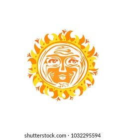 Abstract vintage yellow ethnic sun. Vector illustration for t shirt, poster, book cover, banner, flyer, booklet
