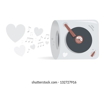 Abstract vintage-modern turntable with Love vinyl and sounds in shape of music notes and hearts
