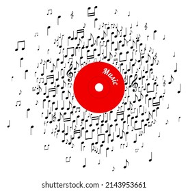 Abstract vinyl record with notes, vector illustration