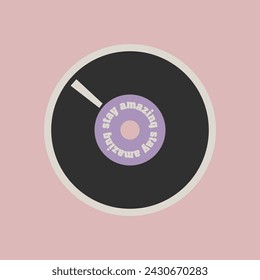 Abstract vinyl record sticker with text. Retro music equipment. Y2k patch design. Vector graphic 