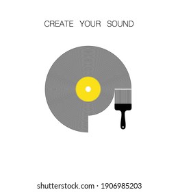 Abstract vinyl record symbol with black lines. Paint brush creating music