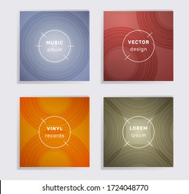 Abstract vinyl records music album covers set. Semicircle curve lines patterns. Futuristic creative vinyl music album covers, disc mockups. DJ records disc vector mockups. Flyer gradient patterns.