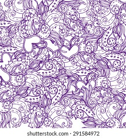 Abstract violet art pattern with hearts. St. Valentine invitation. Card, background or fabric pattern. Can be used as adult coloring book, coloring page.