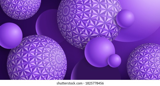 Abstract violet background with balls 3D. Festive background with purple bubbles. Holiday banner in realistic style. Vector illustration with textured spheres. Luxury design banner, cover, wallpaper.