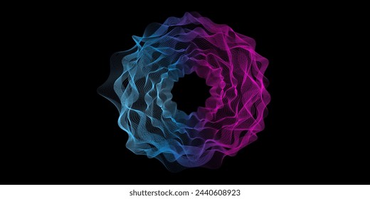 Abstract violet blue circular lines spirograph tunnel or floral spiral logo on black background. Vector illustration in concept technology, science, music, modernity. Vector EPS 10