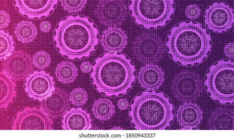 Resumen: Rueda de engranajes digitales violetas y anclaje en fondo tecnológico, espacio libre para entrada de texto,vector
