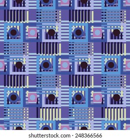 Abstract violet geometric seamless pattern. Circles, squares, stripes, lines. Repeating background texture. Cloth design. Wallpaper, wrapping