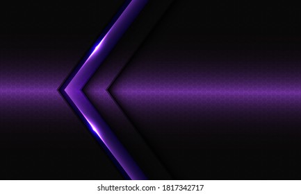 Abstract violet glossy arrow on dark hexagon mesh pattern design modern luxury futuristic background vector illustration.