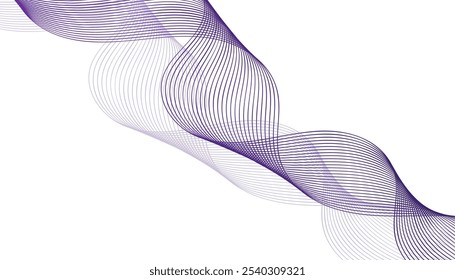 Design de linha curva violeta e em escala de cinza, padrões de onda 3D fluente, arte futurista em estilo minimalista, curvas ópticas, transições de gradiente suave e visuais digitais elegantes