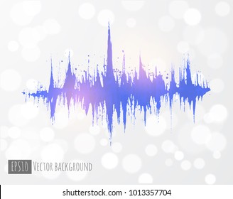 Abstract violet grunge background with amplitude modulation. Spectrum analyzer, music equalizer, sound wave. Vector illustration