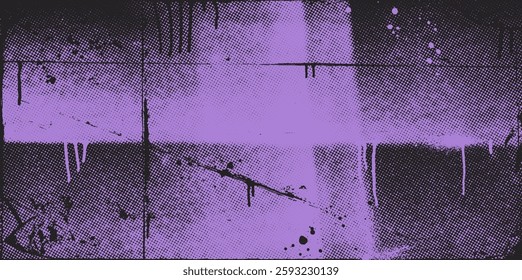 Abstract violet grunge punk banner background with halftone texture, ink drips and paint splashes. Hand drawn vector folded paper texture. Rough urban street art design. Grunge graffiti effect.