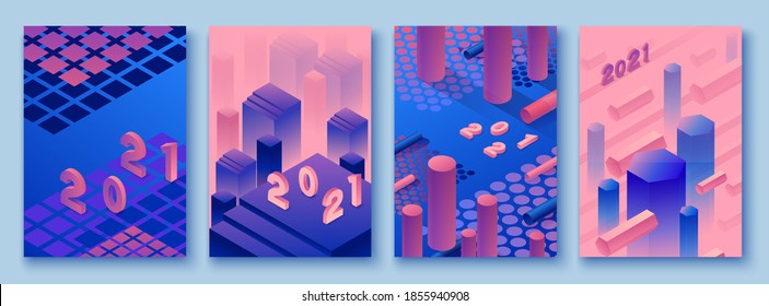 Abstract violet isometric posters of 2021 year set in trendy purple color with geometric 3d shapes, brochure collection, futuristic background, colorful bright vector illustration, cover, print