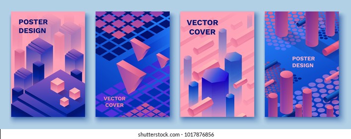 Abstract violet isometric posters set in trendy purple color with geometric 3d shapes, brochure collection, futuristic background, colorful bright vector illustration, cover, print