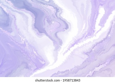 Abstract violet liquid marble or watercolor background with glitter foil textured stripes. Pastel marbled alcohol ink drawing effect. Vector illustration design template for wedding invitation.