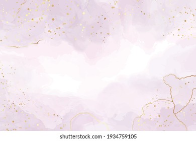 Abstract violet liquid watercolor background with golden stains and lines. Pastel alcohol ink drawing effect. Modern fluid art painting with glitter. Vector illustration design template for wedding