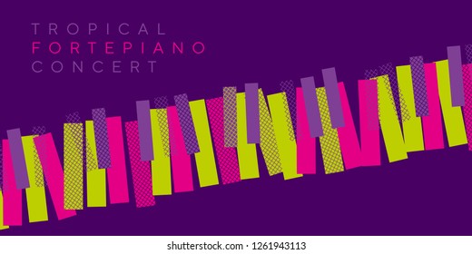 Abstract violet night tropical colors invitation for music concert, Classic piano keyboard in geometric mosaic style. Elegant urban modern design element for music and dance projects.