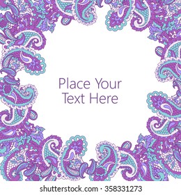 Abstract violet paisley frame. Good  for page decoration, invitation, greetings cards  or announcements. 