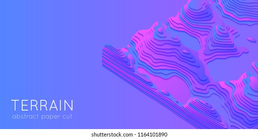 Abstract violet paper cut terrain. Paper sclices with soft shadow form 3d hills. Minimalistic design. Vector illustration. Paper craft landscape