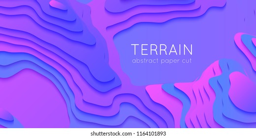 Abstract violet paper cut terrain. Paper sclices with soft shadow form 3d hills. Minimalistic design. Vector illustration. Paper craft landscape