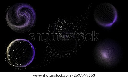 Abstract violet particle galaxy with curved motion lines on black background. Concept of data visualization, AI networks, digital communication, and generative technology design.