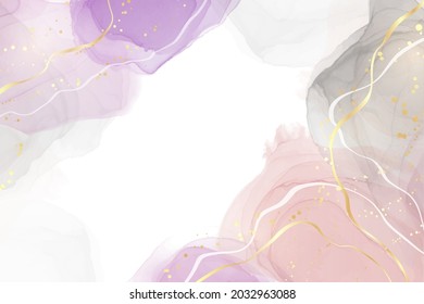 Abstrakte violette, rosafarbene und graue Aquarellfarben mit goldglänzenden Pinselstrichen und Linien. Eleganter, flüssiger Marmor-Alkoholtupfer-Maleffekt mit goldenen Flecken. Vektorgrafik.