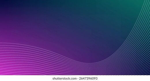 Abstract violet purple and green wavy line pattern on dark blue background with copy space. Modern tech futuristic neon color banner concept. Vector illustration
