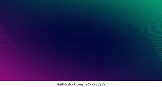 Abstract violet purple and green wavy line pattern on dark blue background with copy space. Modern tech futuristic neon color banner concept. Vector illustration