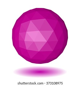 Abstract violet sphere made of triangular faces with shadow on white background