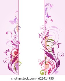 Abstract violet vector floral background with butterflies and leaves
