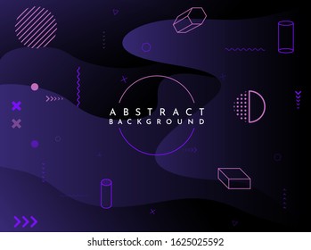 Abstract violet vector illustration. Fluid and liquid concept. Memphis pattern dark background. Pop art design. Dark gradient color with elements. Poster, banner, cover, website or game template