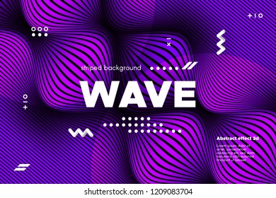 Abstract Violet Waves Concept. 3d Poster with Distorted Stripes. Linear Banner with Movement of Surface. Flow Background with Ripple. Modern Wave Cover for Business, Web Design, Flyer, Brochure.