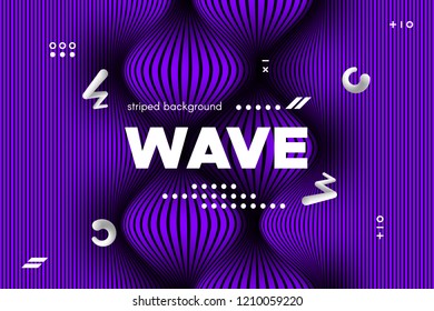 Abstract Violet Waves Concept. 3d Poster with Distorted Stripes. Linear Banner with Movement of Surface. Flow Background with Ripple. Modern Wave Cover for Business, Web Design, Flyer, Brochure.