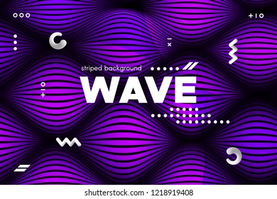 Abstract Violet Waves Concept. 3d Poster with Distorted Stripes. Linear Banner with Movement of Surface. Flow Background with Ripple. Modern Wave Cover for Business, Web Design, Flyer, Brochure.