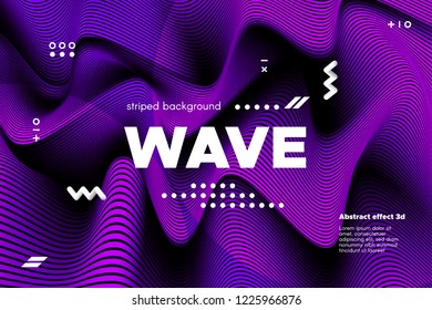 Abstract Violet Waves Concept. 3d Poster with Distorted Stripes. Linear Banner with Movement of Surface. Flow Background with Ripple. Modern Wave Cover for Business, Web Design, Flyer, Brochure.