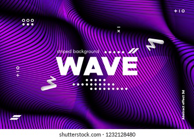 Abstract Violet Waves Concept. 3d Poster with Distorted Stripes. Linear Banner with Movement of Surface. Flow Background with Ripple. Modern Wave Cover for Business, Web Design, Flyer, Brochure.