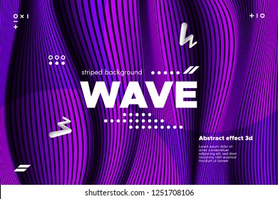 Abstract Violet Waves Concept. 3d Poster with Distorted Stripes. Linear Banner with Movement of Surface. Flow Background with Ripple. Modern Wave Cover for Business, Web Design, Flyer, Brochure.