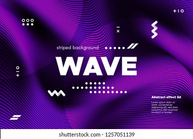 Abstract Violet Waves Concept. 3d Poster with Distorted Stripes. Linear Banner with Movement of Surface. Flow Background with Ripple. Modern Wave Cover for Business, Web Design, Flyer, Brochure.