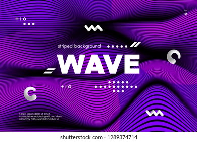 Abstract Violet Waves Concept. 3d Poster with Distorted Stripes. Linear Banner with Movement of Surface. Flow Background with Ripple. Modern Wave Cover for Business, Web Design, Flyer, Brochure.
